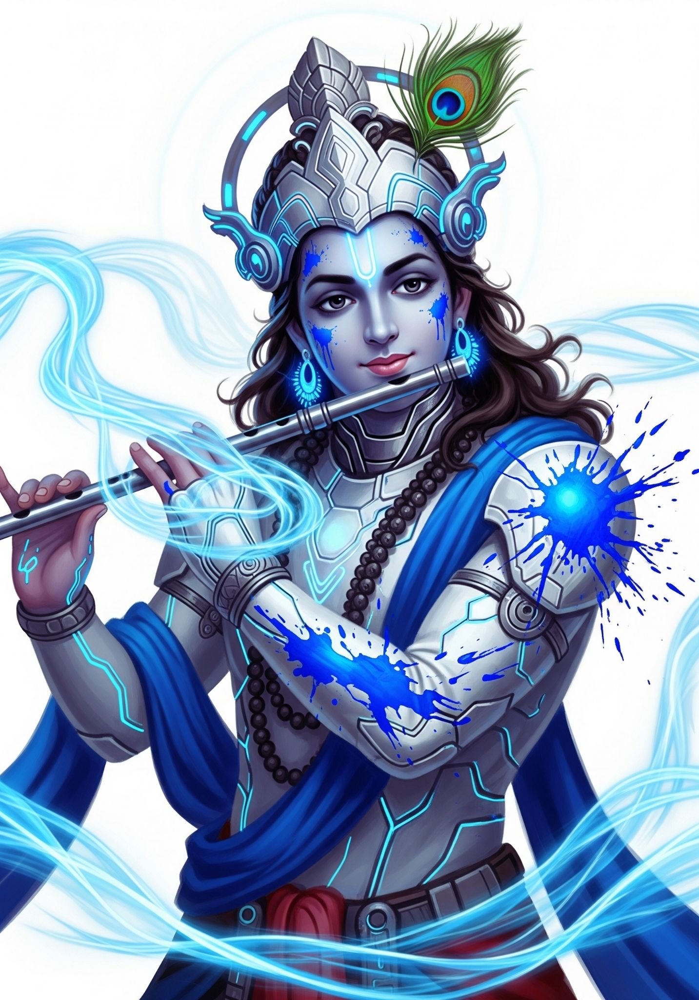Lord Krishna Digital Art | Futuristic Krishna with Flute & Peacock Feather