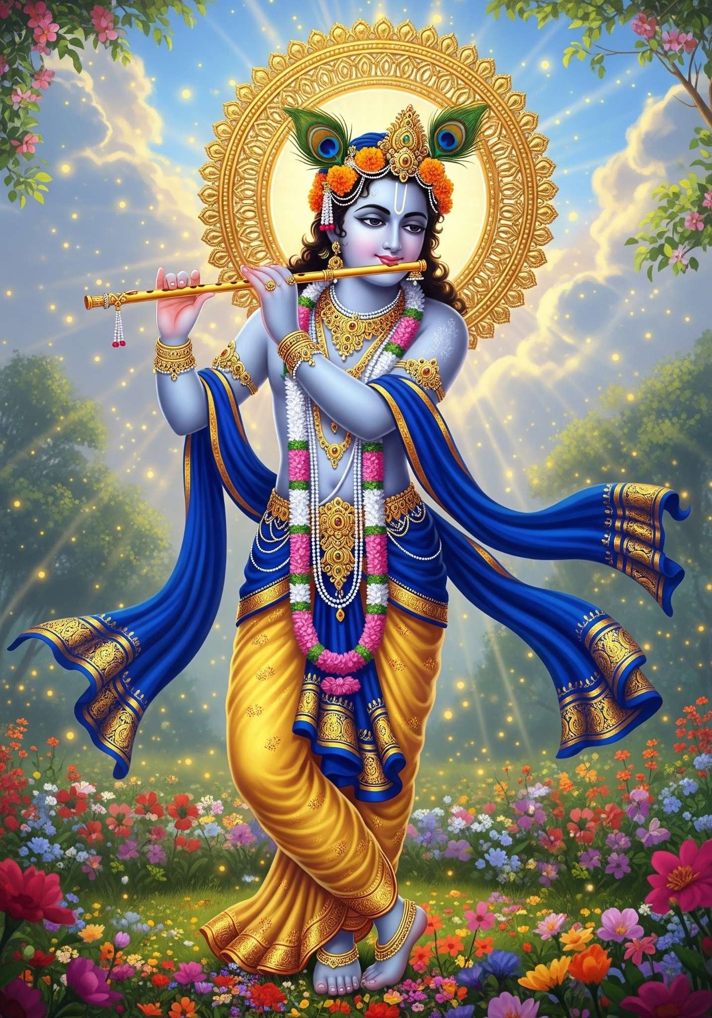 Divine Lord Krishna Playing Flute in Vibrant Garden