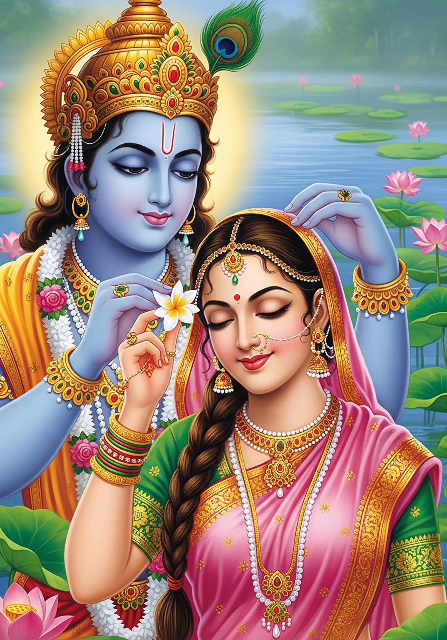 Divine Love of Radha Krishna by the Lotus Lake