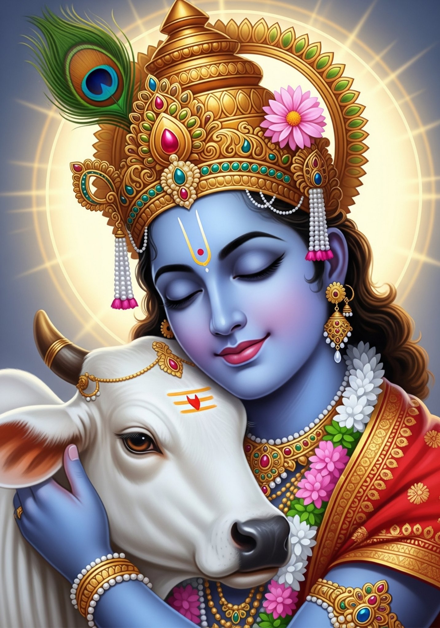 Lord Krishna with Cow Divine Artwork 4K Wallpaper for iPhone & Android