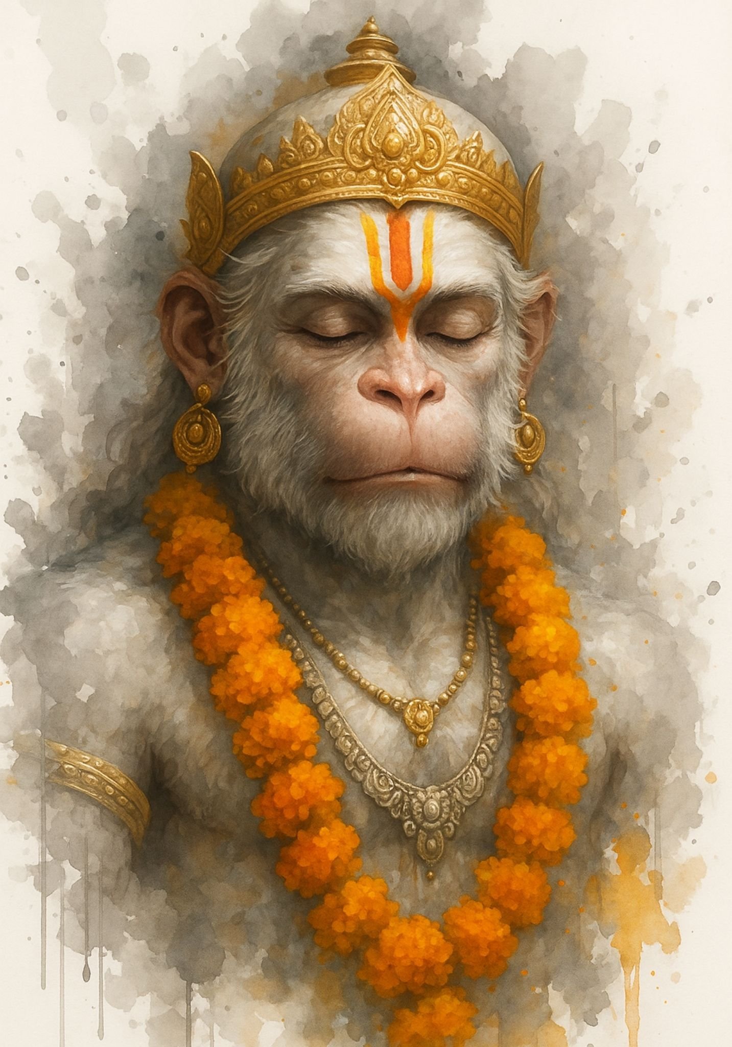 Divine Lord Hanuman Painting – Spiritual Art with Golden Crown & Mala 4K Wallpaper for iPhone & Android