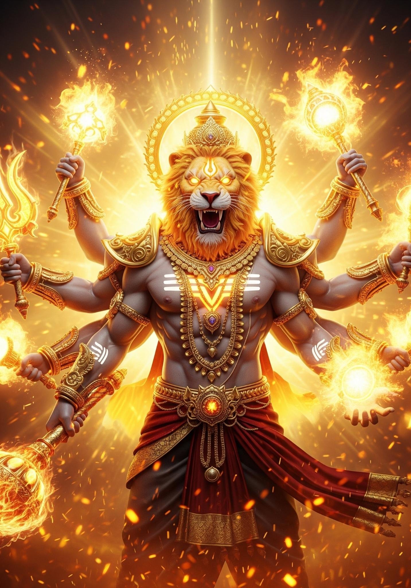 Powerful Lord Narasimha 3D Wallpaper in Golden Divine Aura
