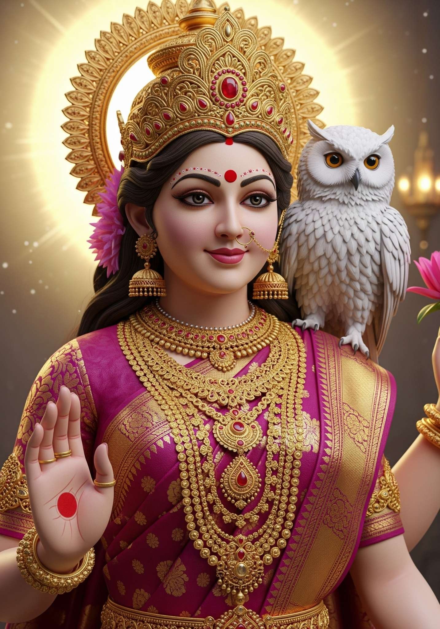 Goddess Lakshmi with Golden Crown and Owl – Divine Hindu Artwork