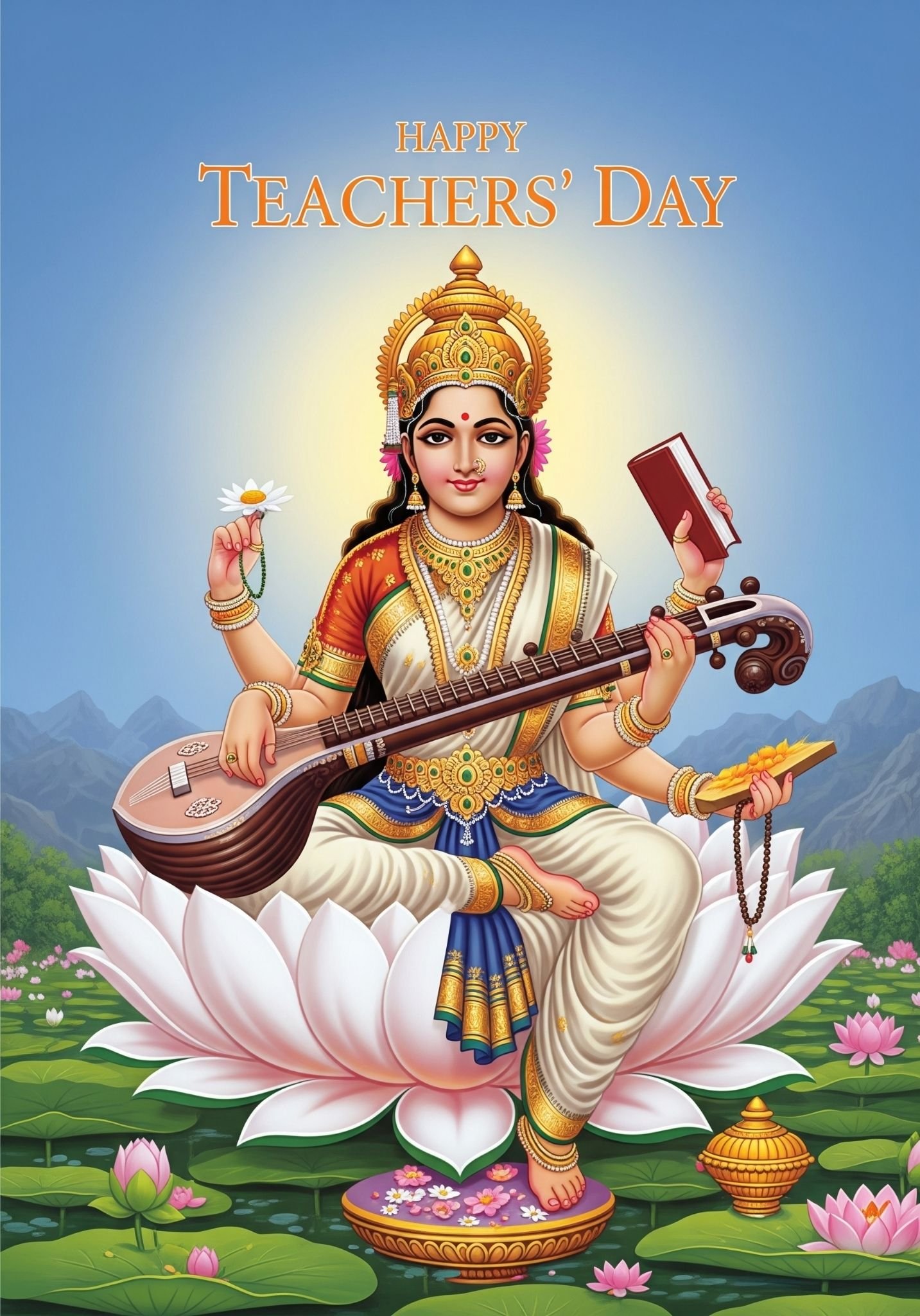 Happy Teachers’ Day with Goddess Saraswati Wallpaper 4K Wallpaper for iPhone & Android