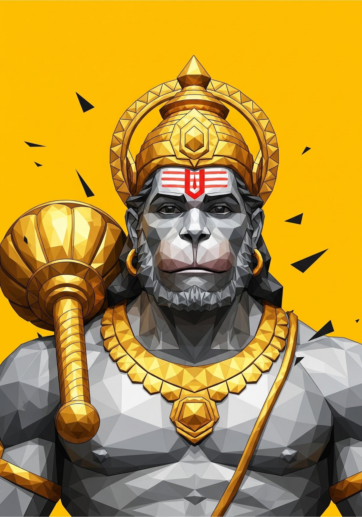 Powerful Polygon Art of Lord Hanuman with Golden Mace