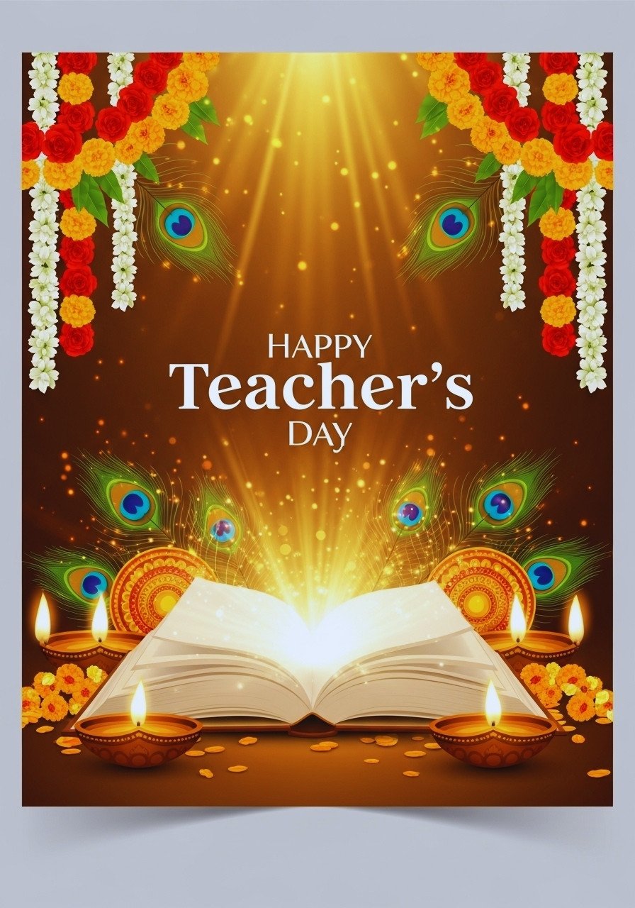 Happy Teacher’s Day Wallpaper with Glowing Book and Diyas 4K Wallpaper for iPhone & Android