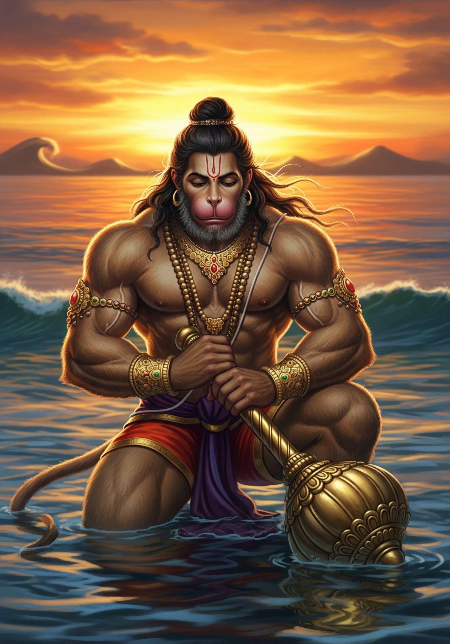 Hanuman Ji Sunset Wallpaper – Divine Strength in Meditation