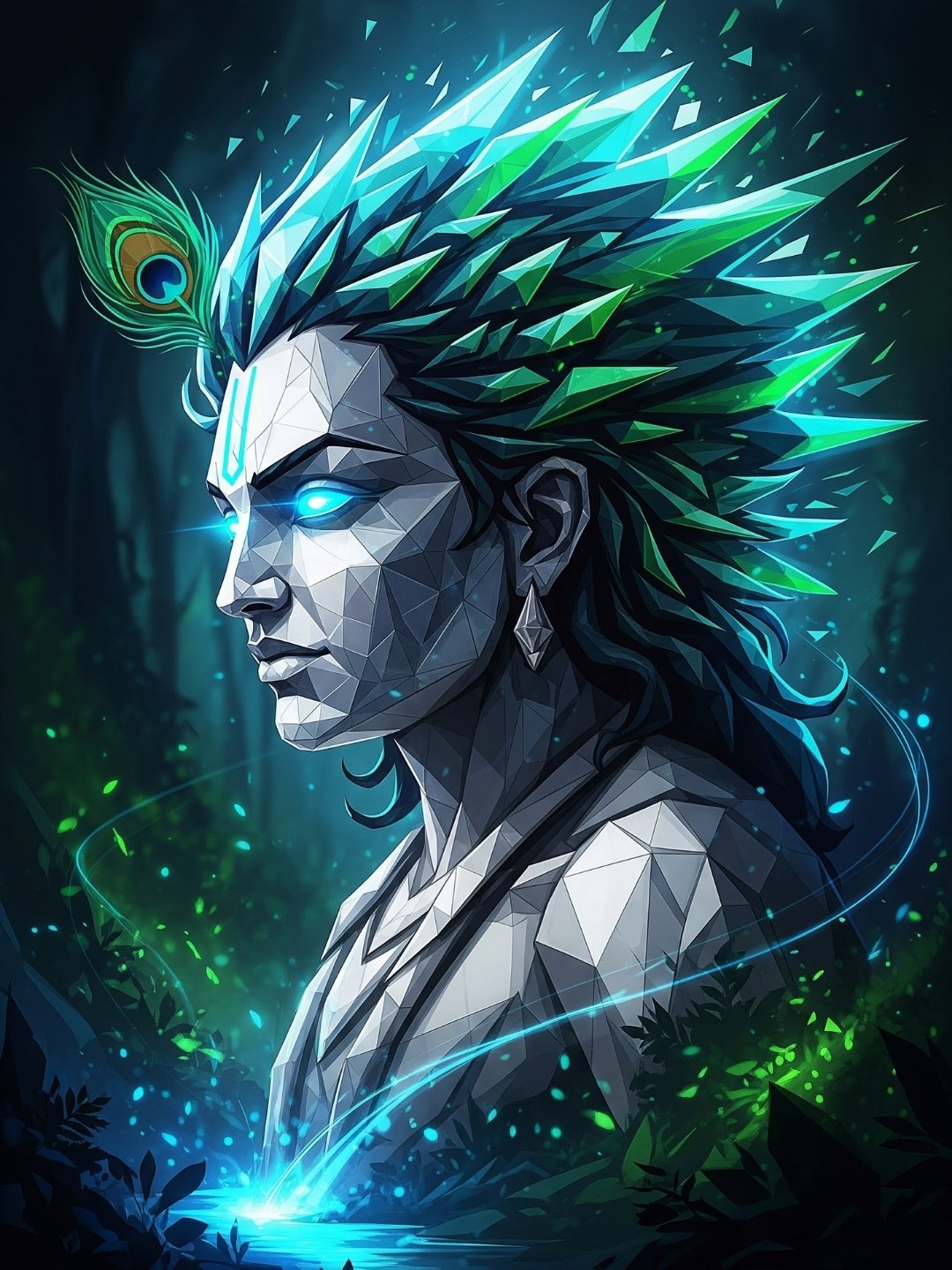 Polygon Style Lord Krishna Wallpaper with Glowing Aura