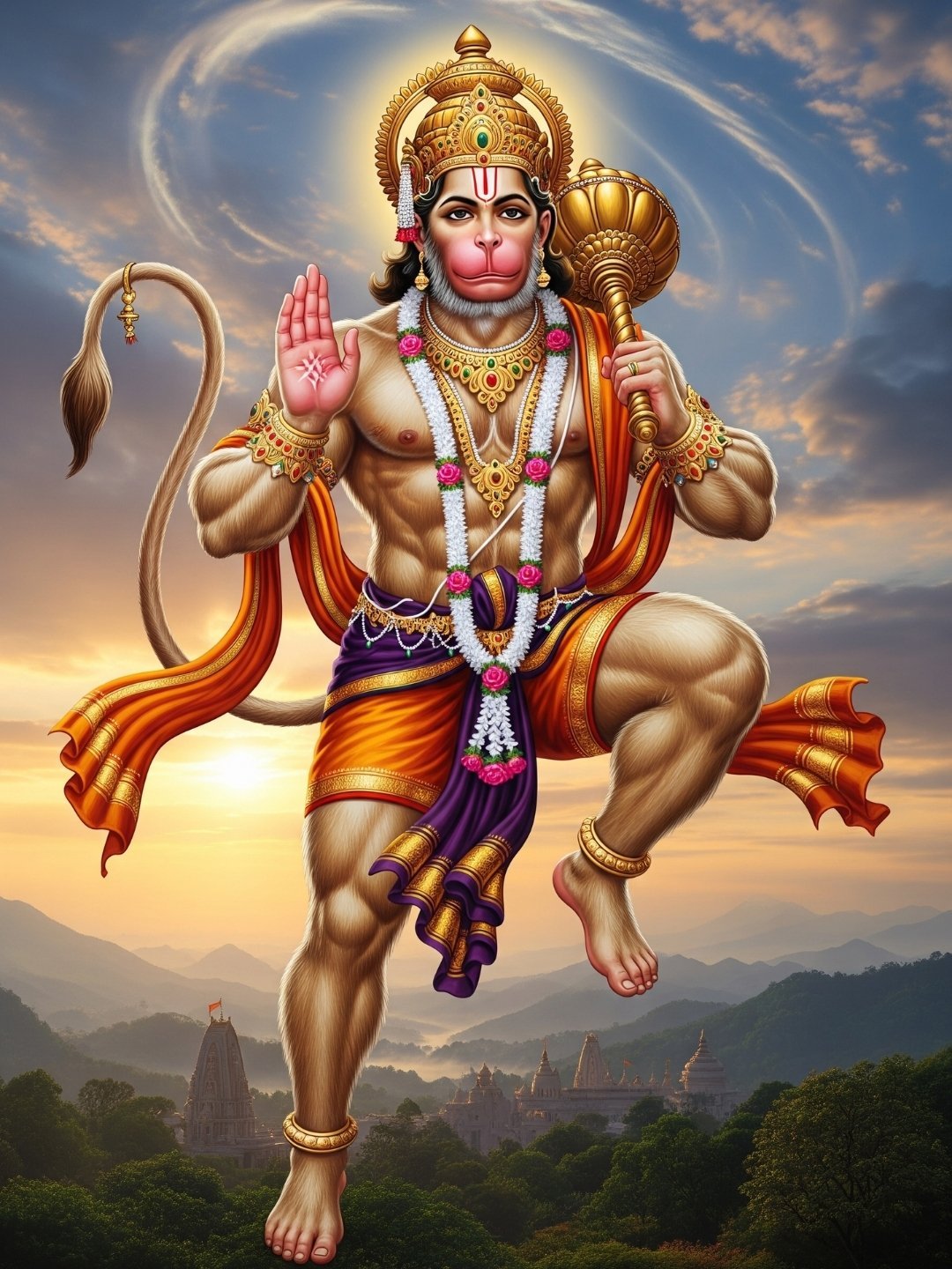 Flying Hanuman Ji Wallpaper with Gada and Divine Aura