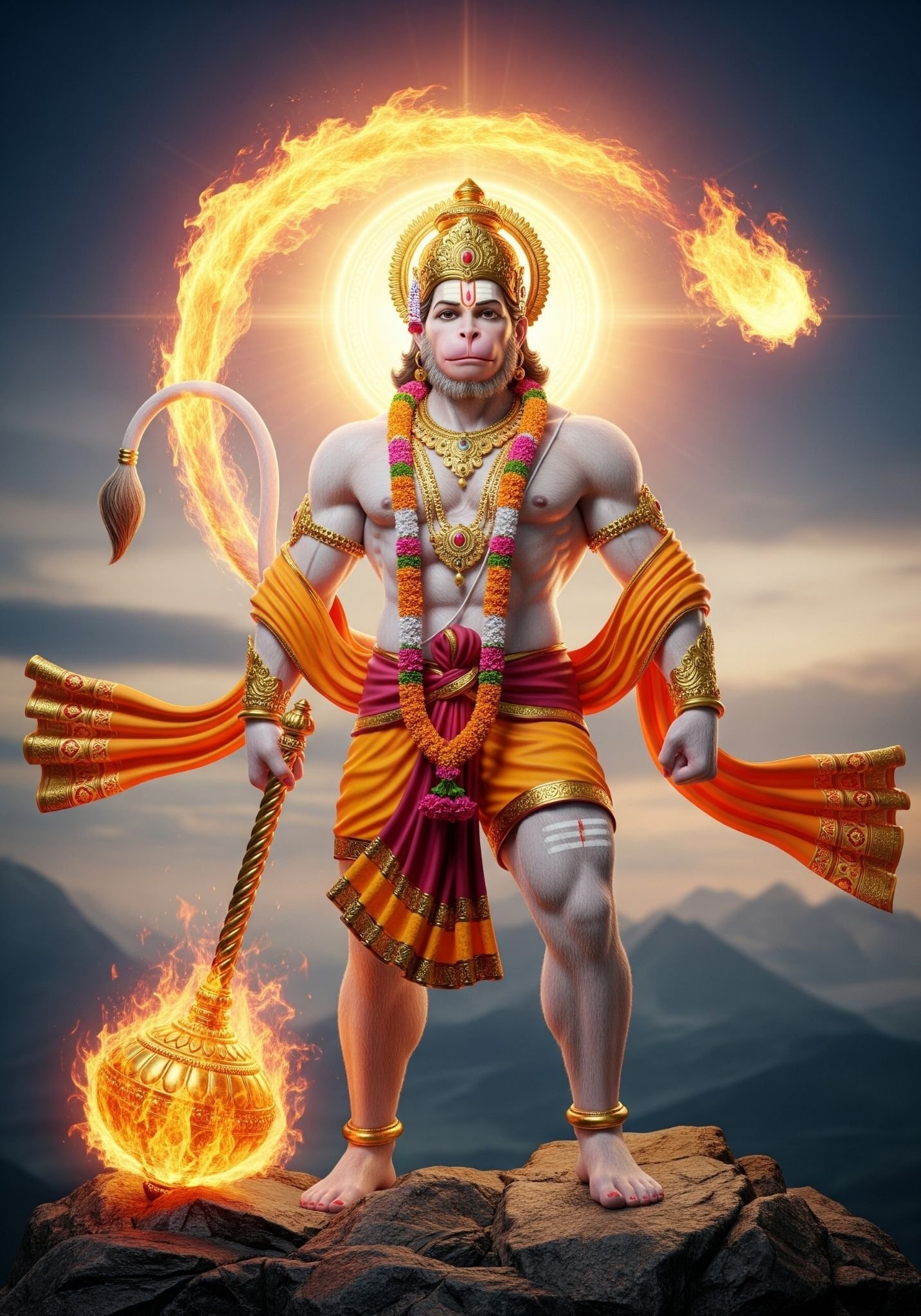Lord Hanuman with Fiery Gada Divine Wallpaper 4K Wallpaper for iPhone & Android