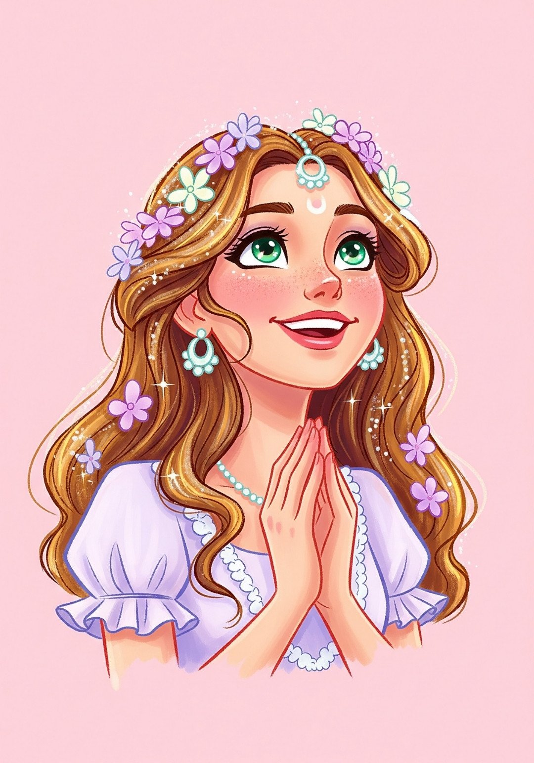 Smiling Cartoon Girl with Flowers in Hair Illustration 4K Wallpaper for iPhone & Android