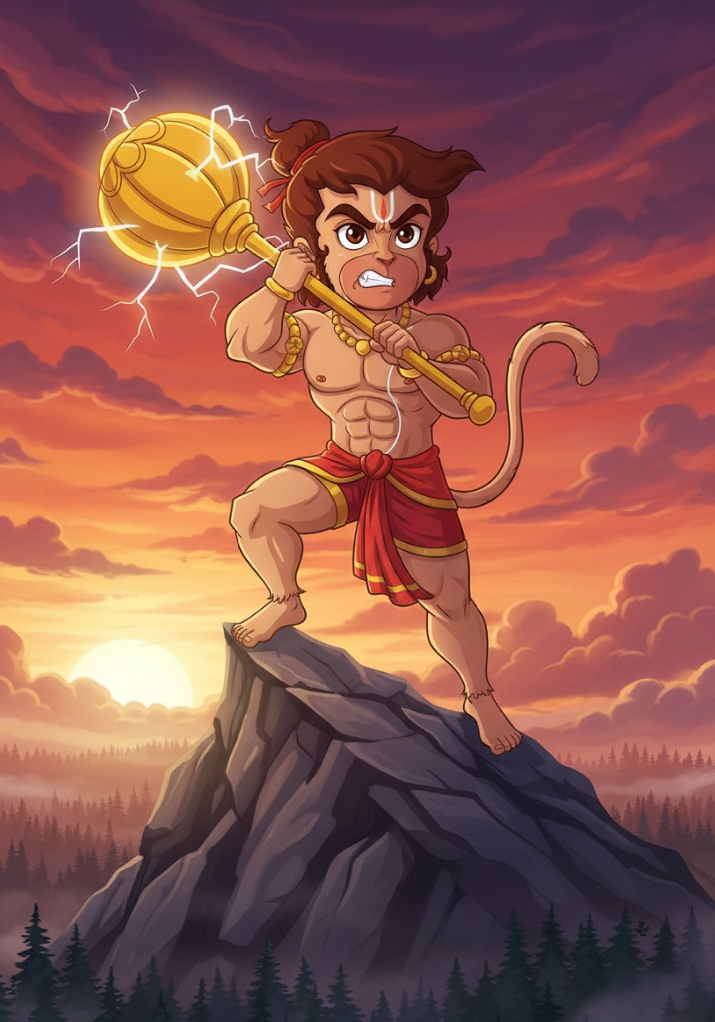 Bal Hanuman with Gada on Mountain | Powerful Wallpaper