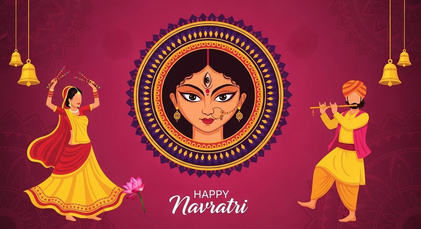 Happy Navratri Festival Wallpaper | Garba Dance & Maa Durga Illustration