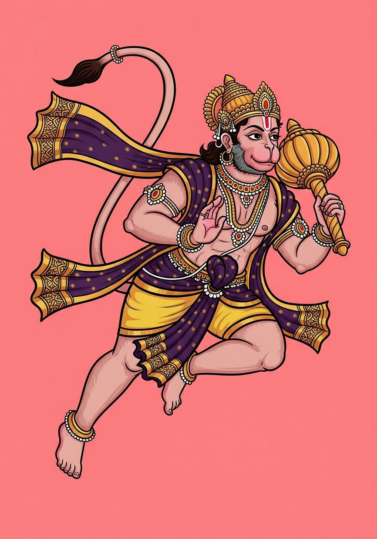 Flying Lord Hanuman Illustration with Gada – Powerful Bajrang Bali Cartoon Art