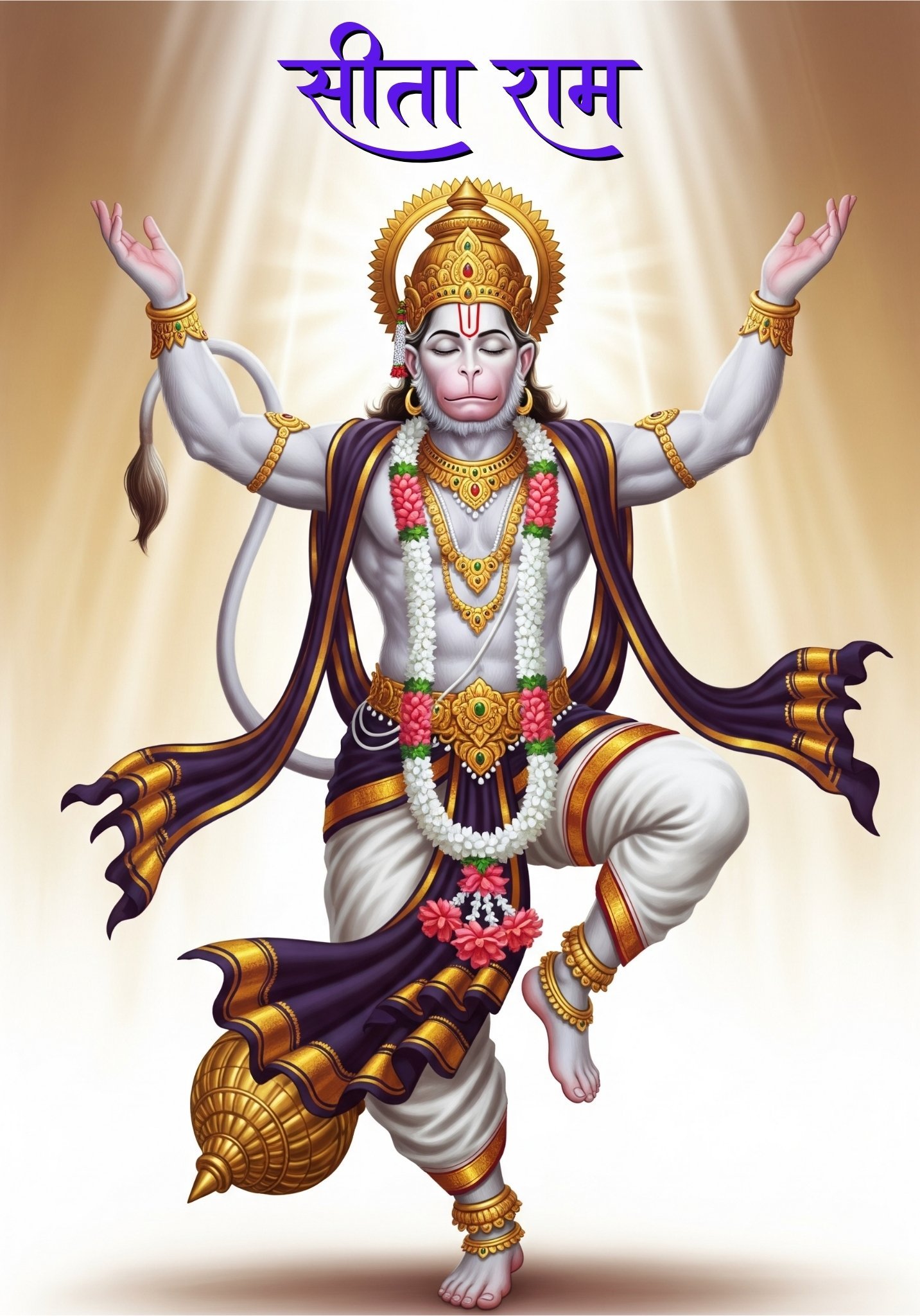 Divine Veer Hanuman in Blessing Pose – Sita Ram Devotional Artwork