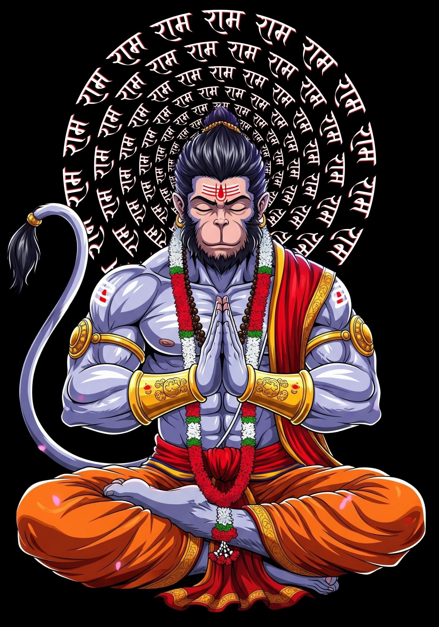 Powerful Meditative Hanuman with Ram Naam Aura – Divine Artwork