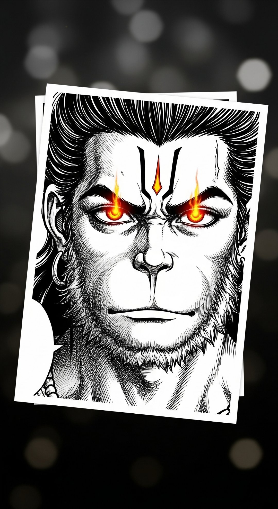 Fiery-Eyed Lord Hanuman Manga Art – Powerful Black & White Illustration
