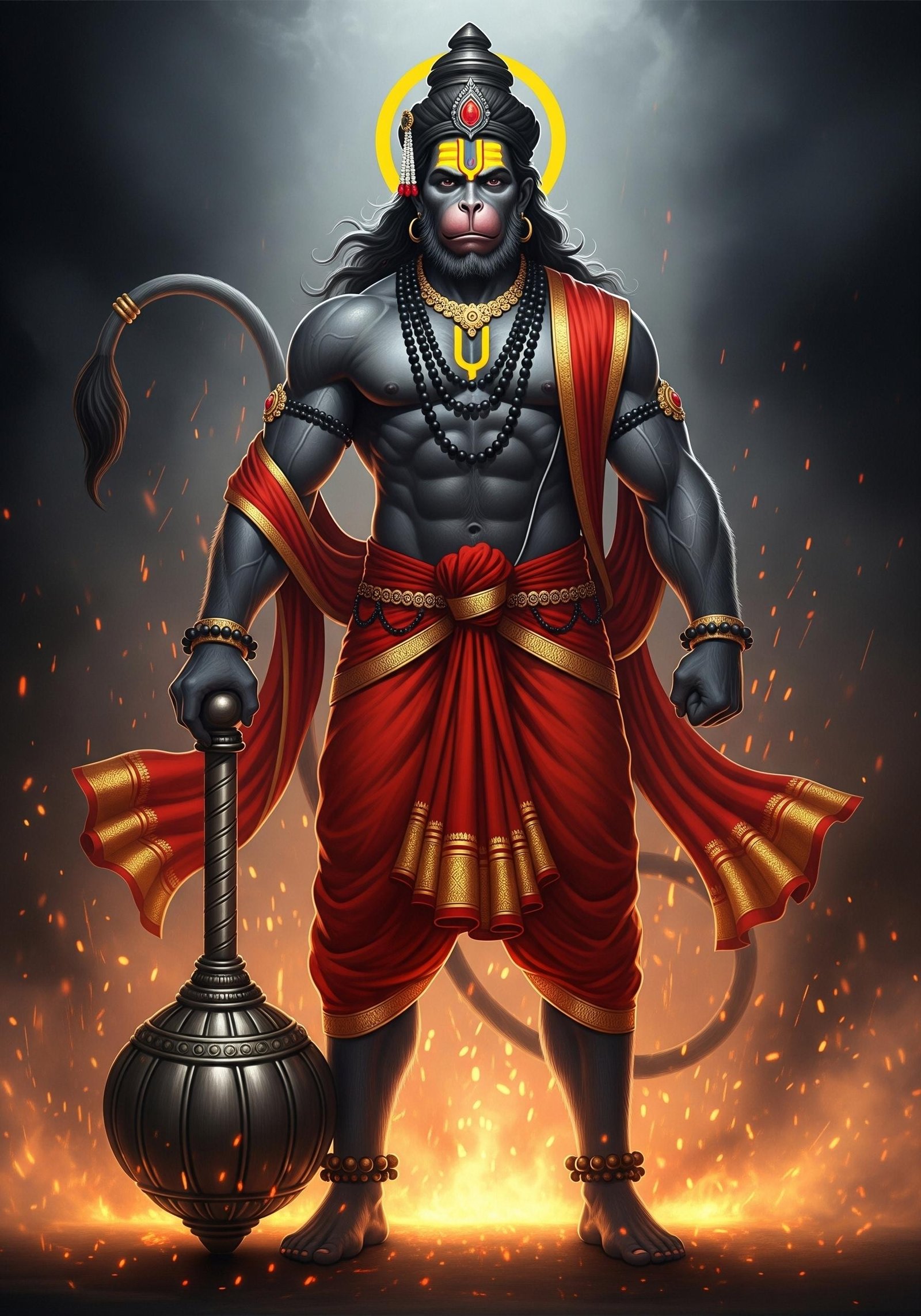 Powerful Lord Hanuman Standing with Gada in Fire Aura