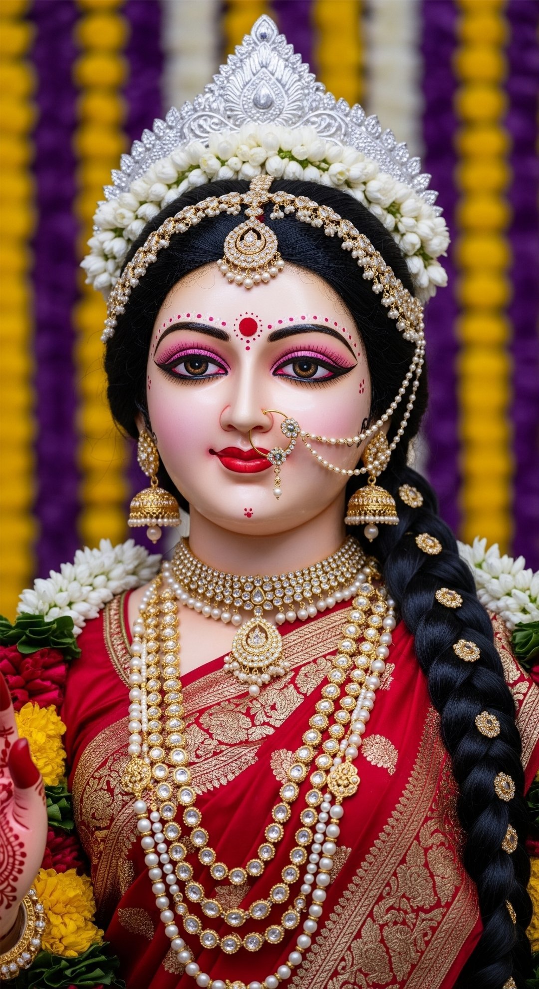 Goddess Durga Divine Idol in Red Saree with Golden Jewelry