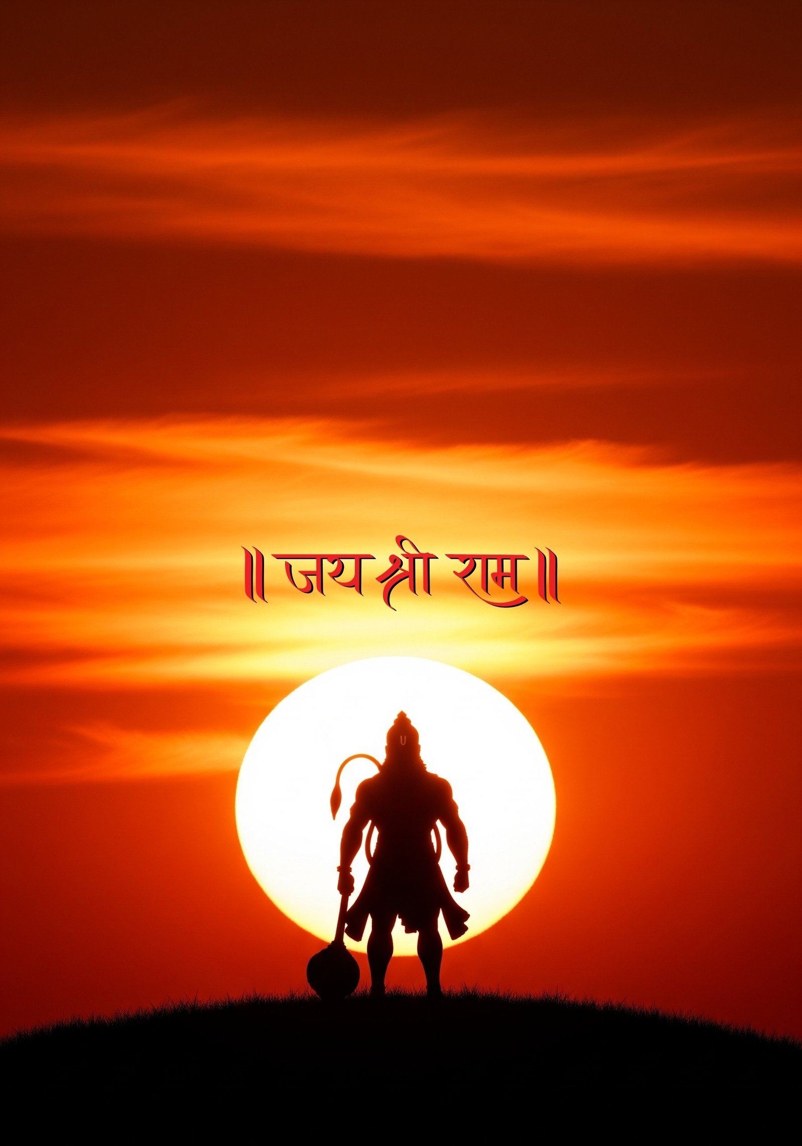 Jai Shri Ram – Majestic Silhouette of Lord Hanuman at Sunrise 4K Wallpaper for iPhone & Android