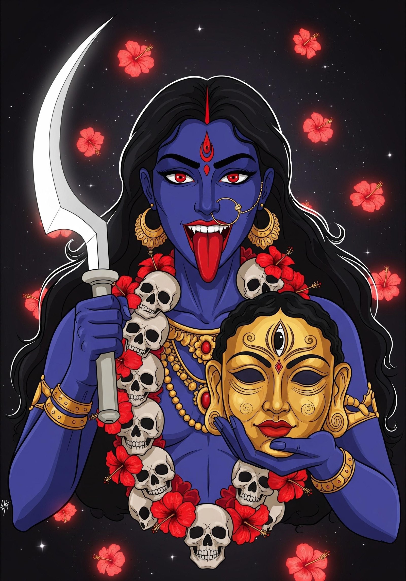 Powerful Maa Kali HD Wallpaper with Skull Garland & Hibiscus 4K Wallpaper for iPhone & Android