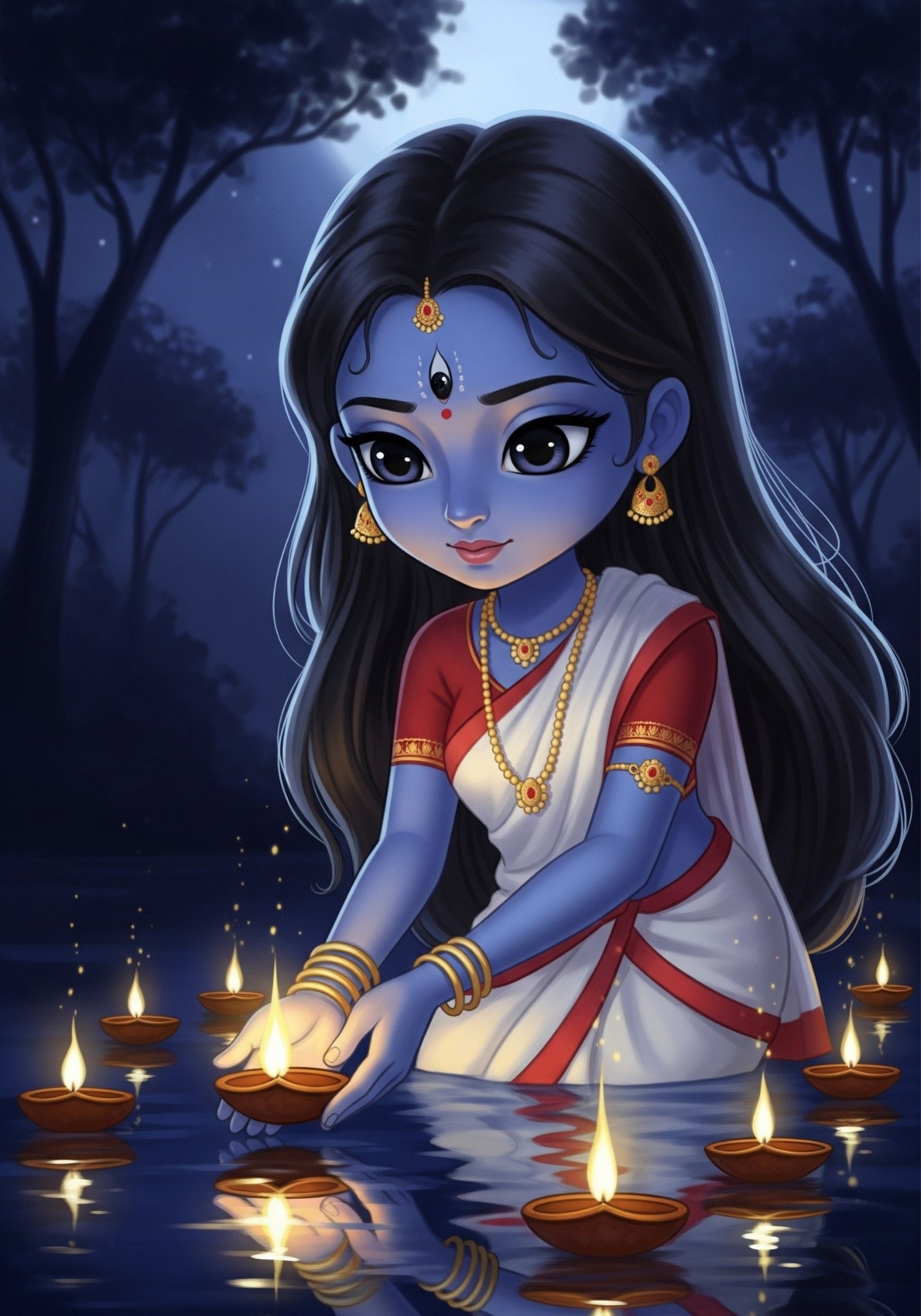 Little Goddess Kali with Diyas by the River Artwork