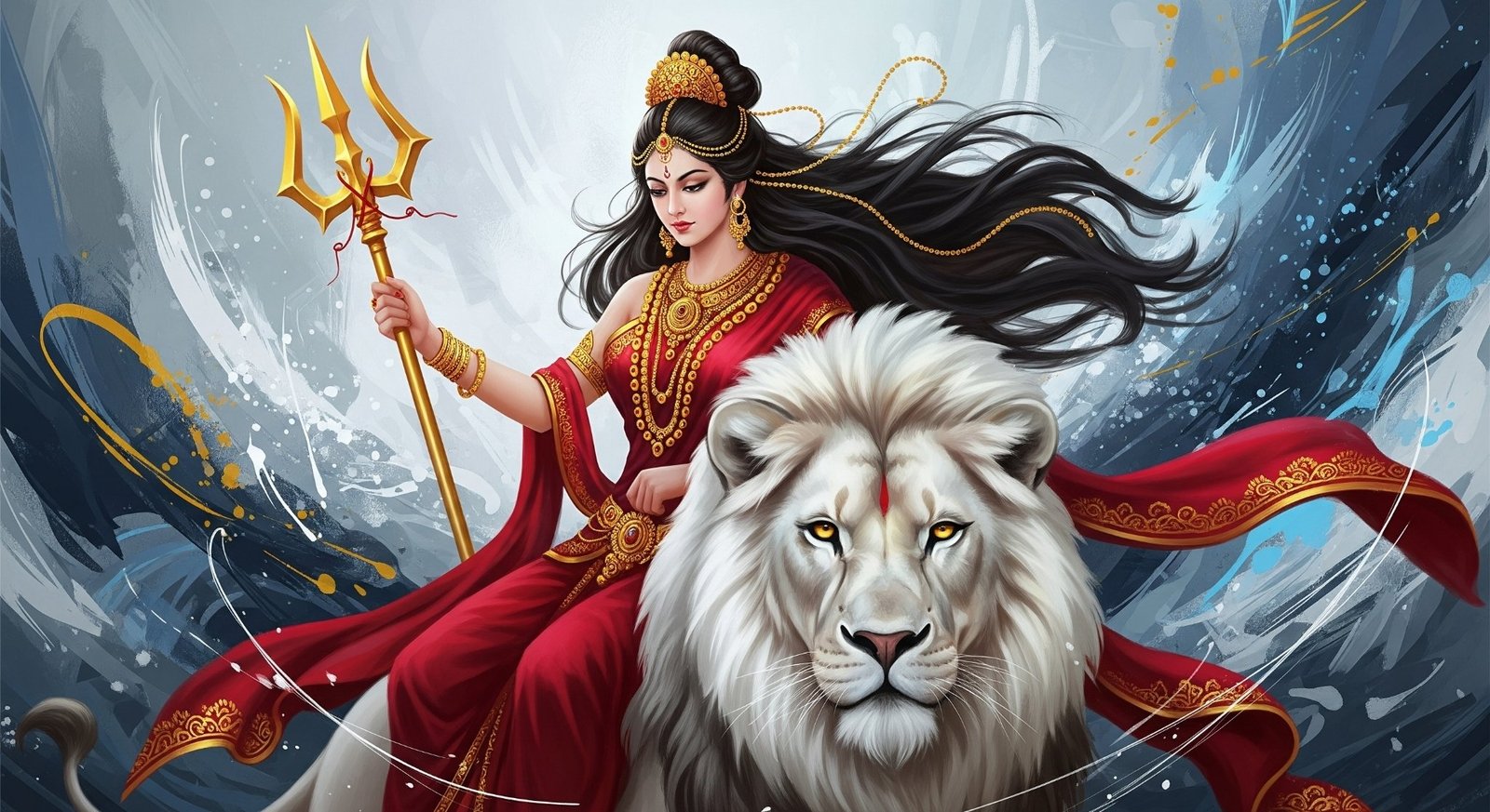 Divine Goddess on Lion with Trishul Artwork