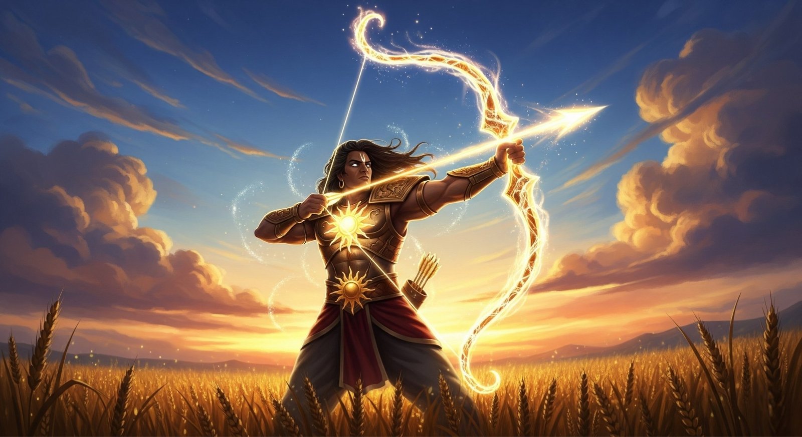 Surya Putra Karn with Divine Glowing Bow at Sunset