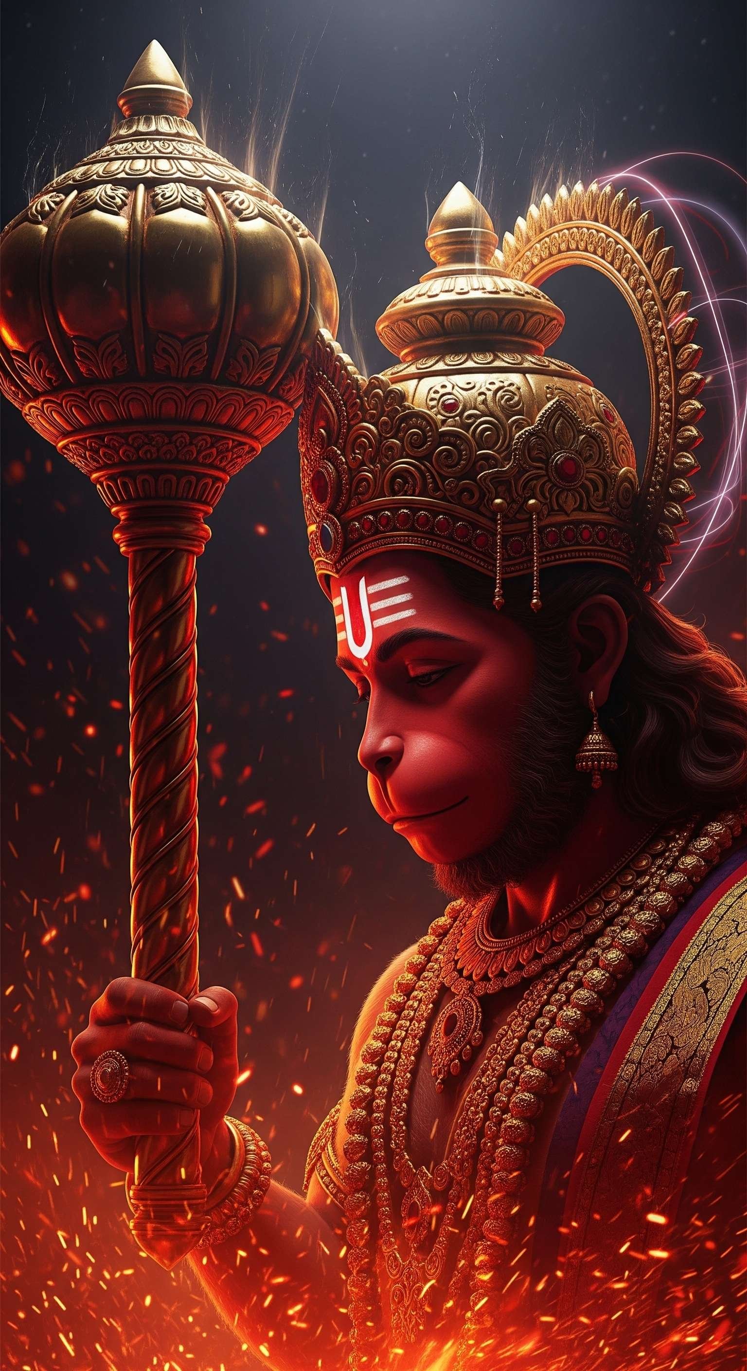 Divine Lord Hanuman Holding Golden Gada in Fiery Aura 4K Wallpaper for iPhone & Android