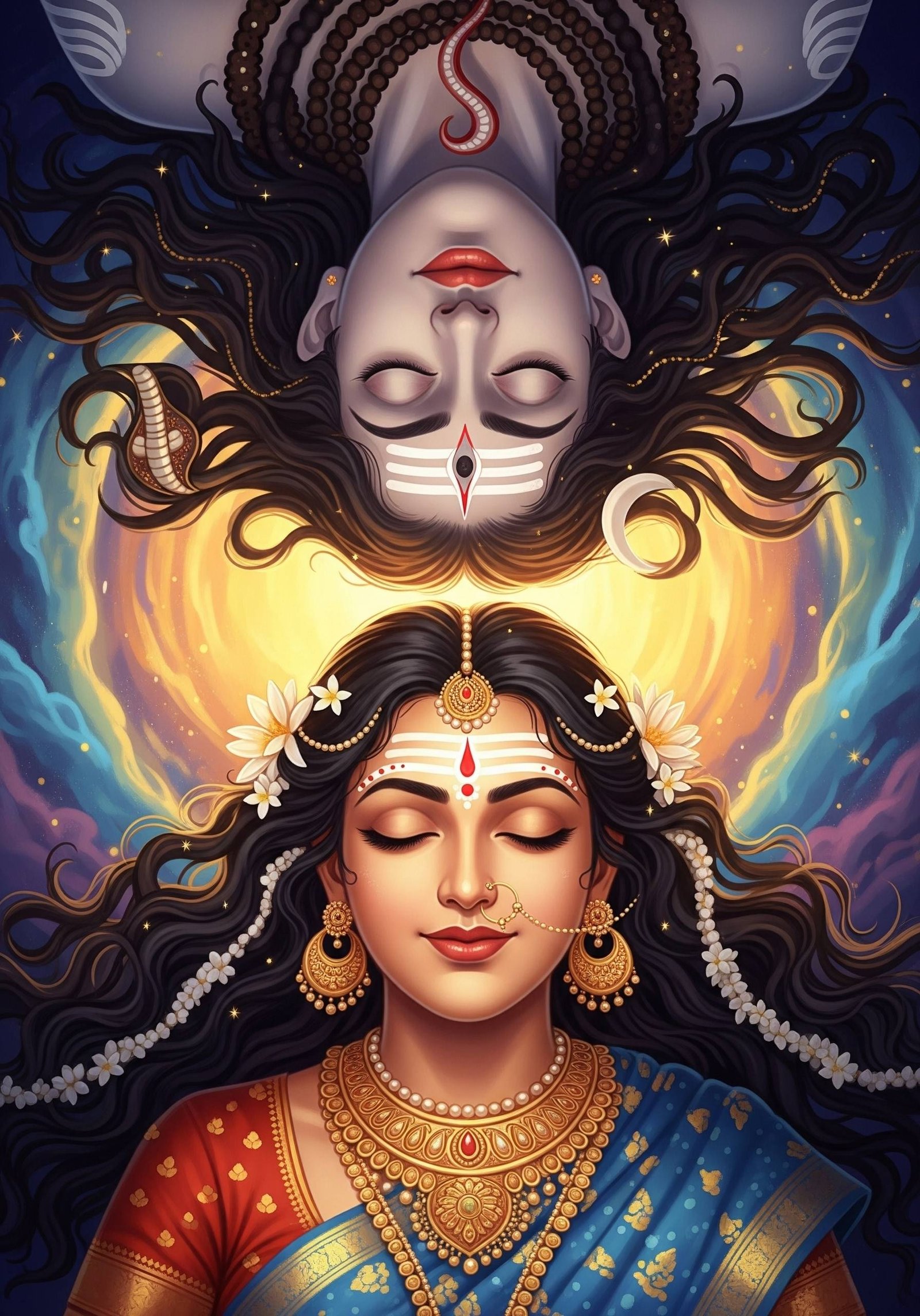 Shiv Parvati Dual Art Wallpaper in Divine Cosmic Style