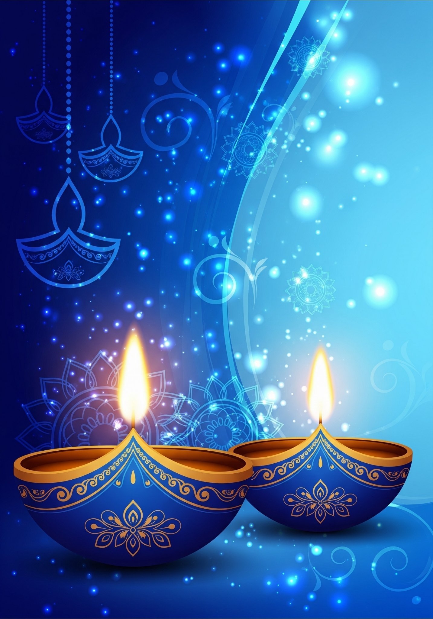 Beautiful Blue Diwali Background with Glowing Diyas and Mandala Lights 4K Wallpaper for iPhone & Android