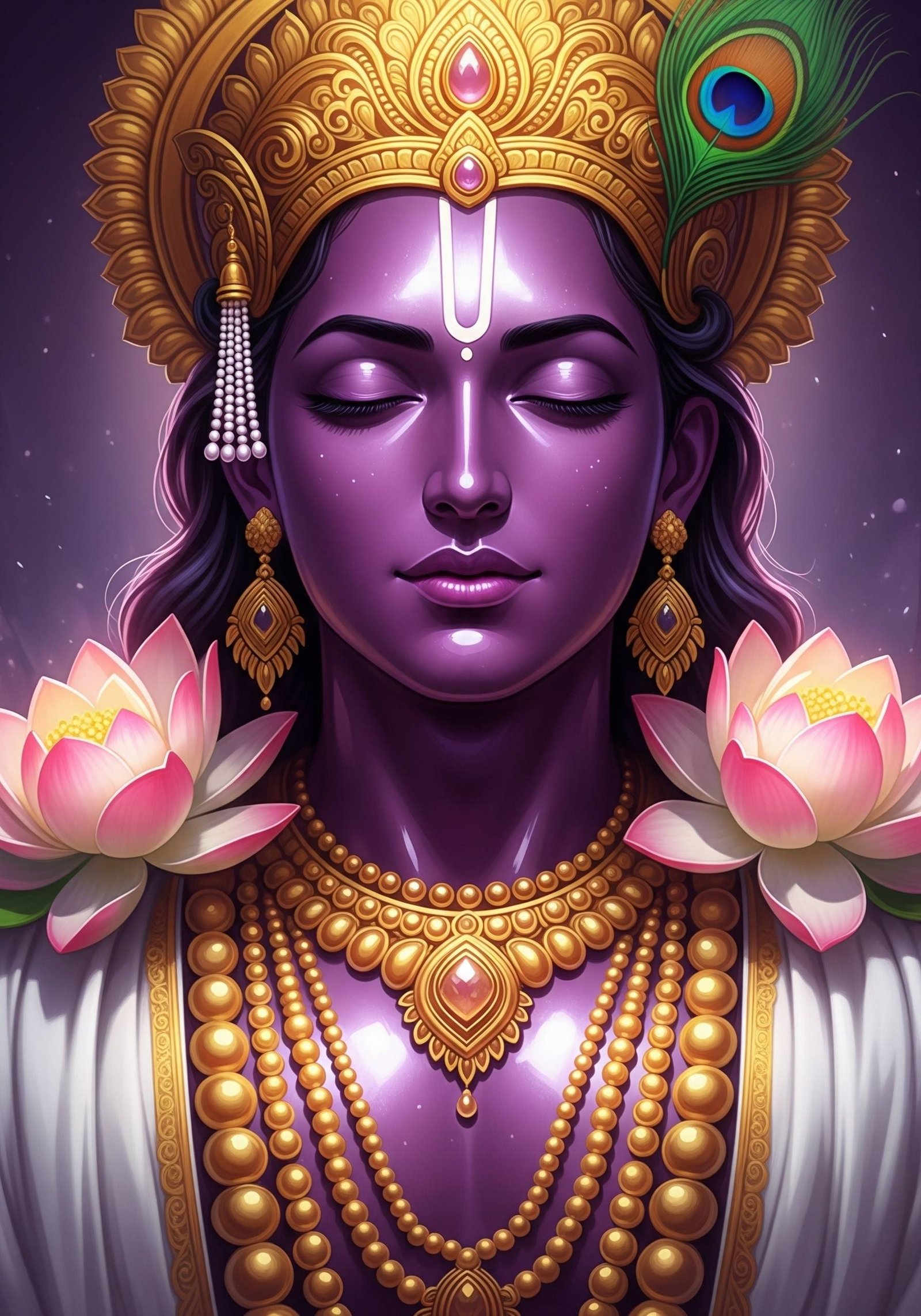 Divine Lord Krishna Portrait with Lotus and Golden Crown