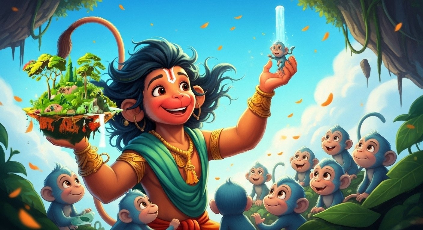 Baby Hanuman Playing with Little Monkeys in a Magical Jungle 4K Wallpaper for iPhone & Android