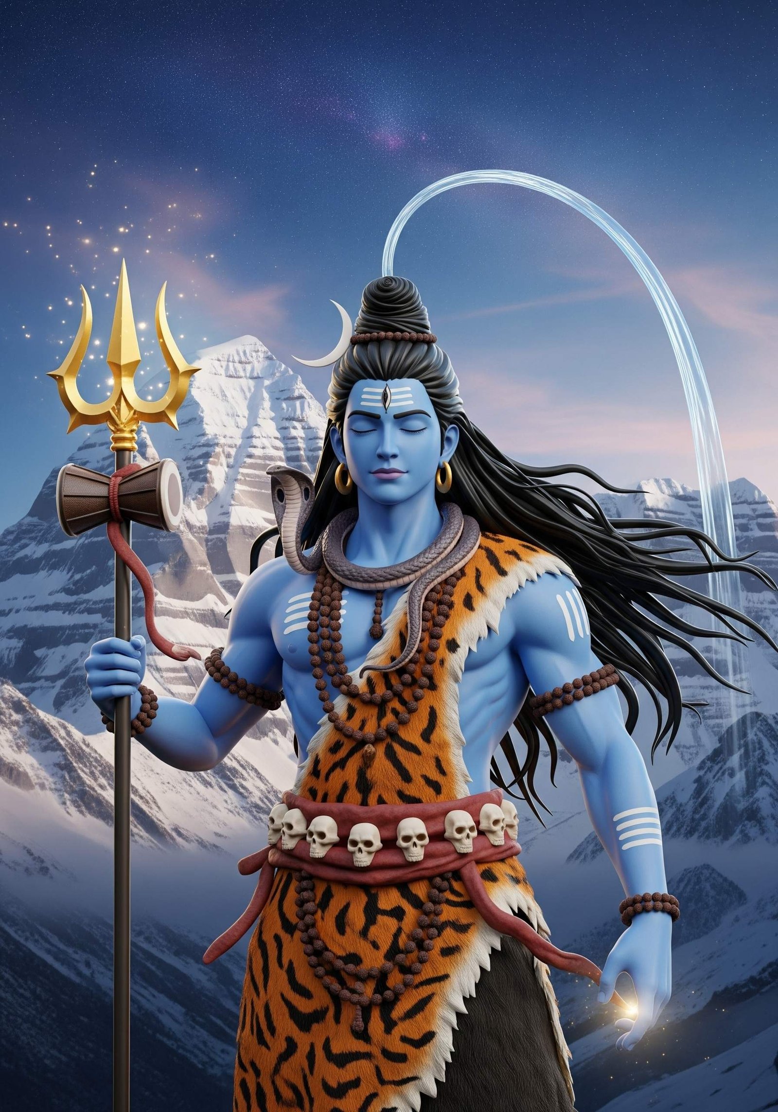 Lord Shiva Standing at Mount Kailash with Trishul in 3D Art