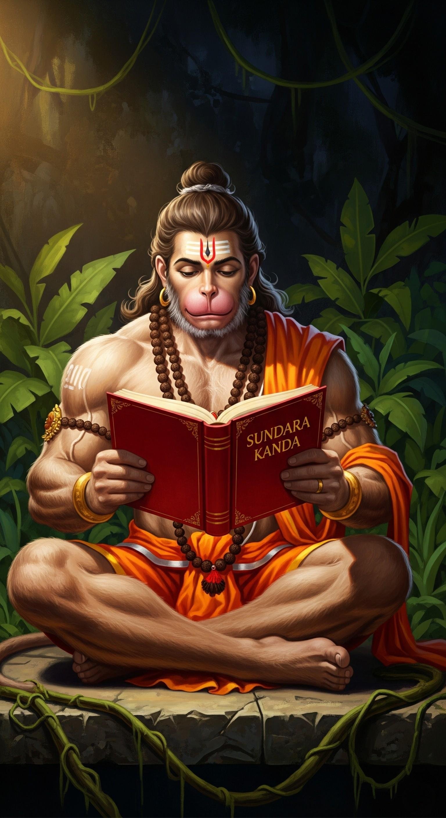 Hanuman Reading Sundara Kanda in Peaceful Forest 4K Wallpaper for iPhone & Android