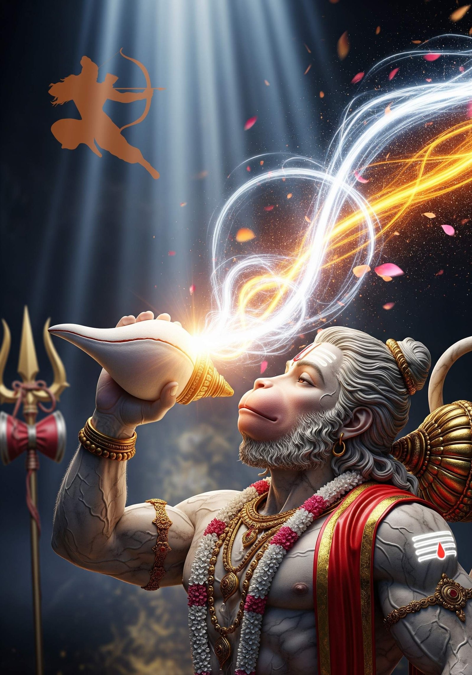 Hanuman Blowing Divine Shankh with Ram’s Blessings 4K Wallpaper for iPhone & Android