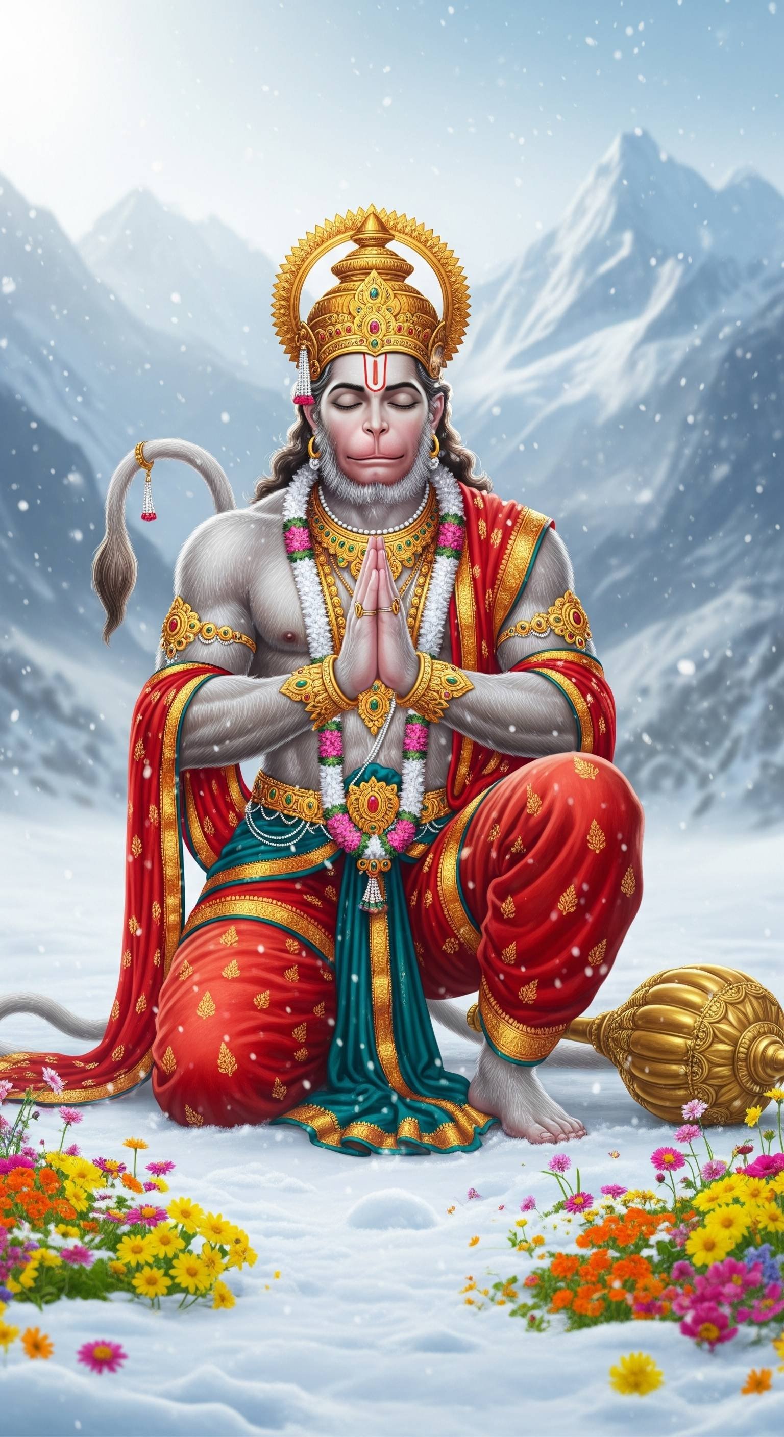 Hanuman in Deep Prayer Amid Himalayan Snow