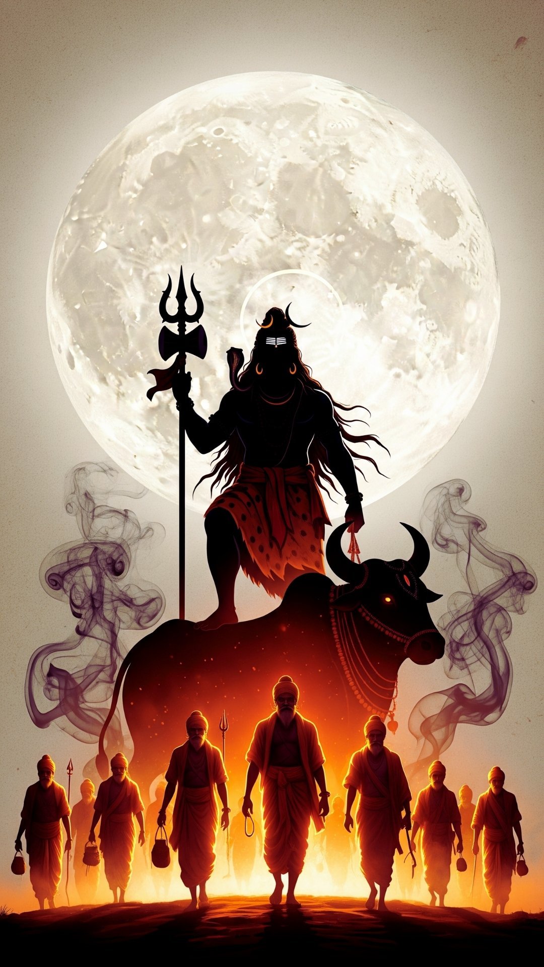 Mahadev with Nandi and Devotees Under Full Moon