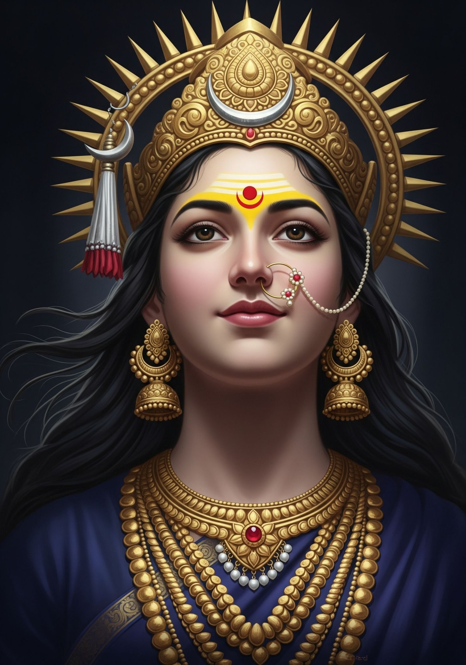 Divine Goddess Portrait in Golden Crown and Graceful Aura