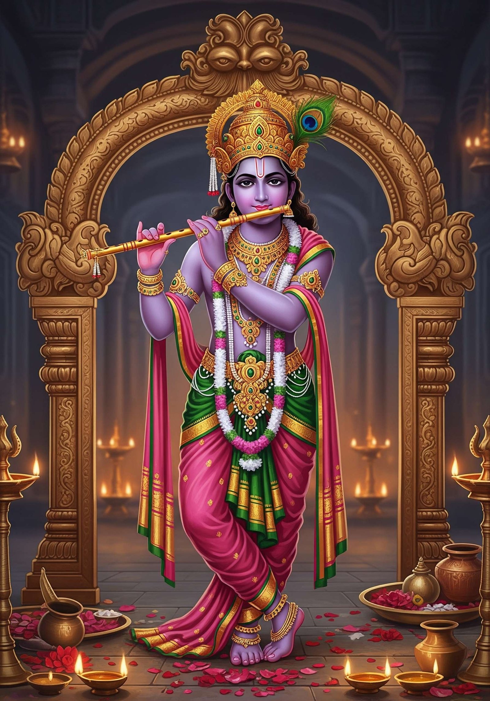 Shri Krishna Playing Flute in Divine Temple Aura