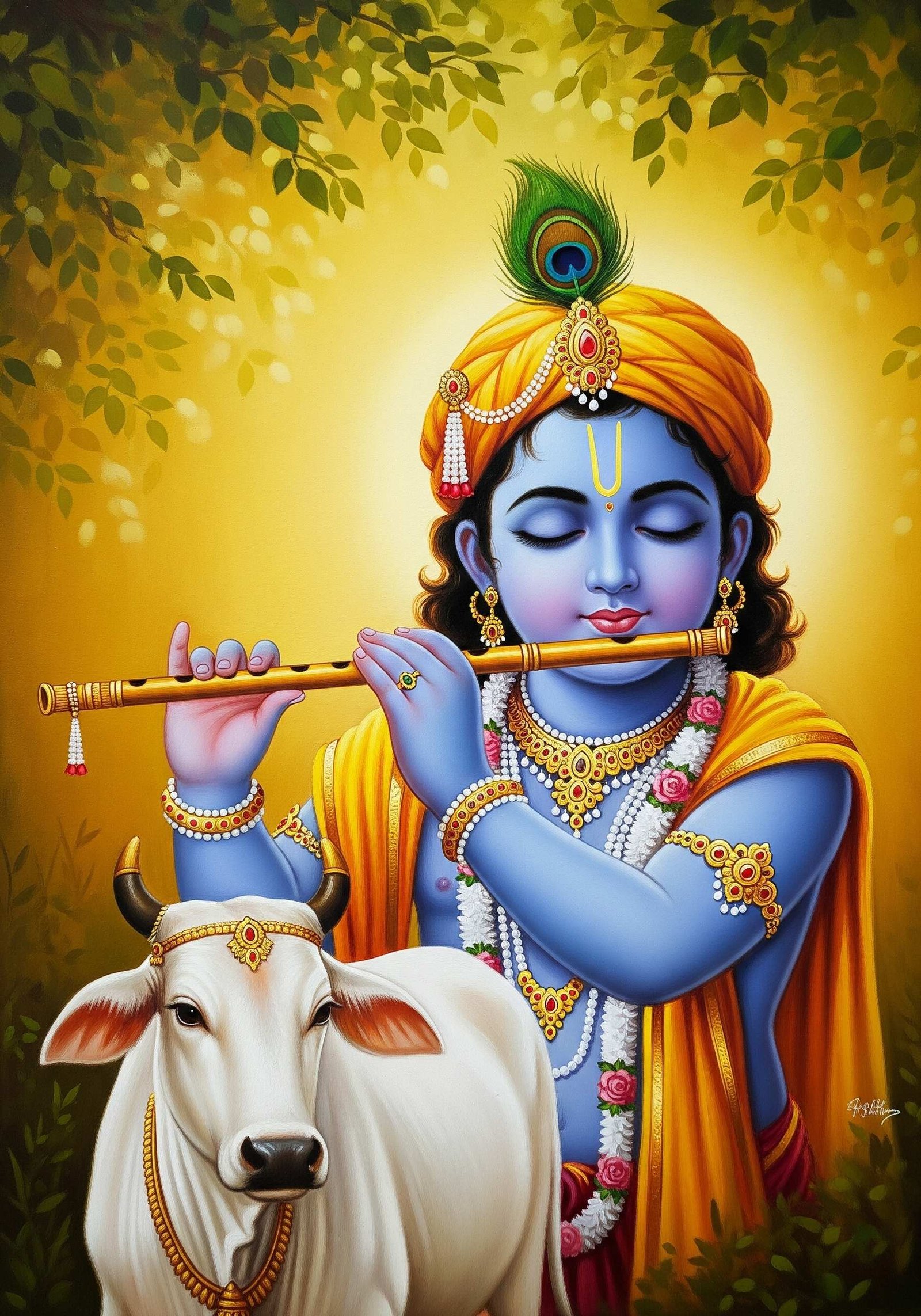 Shri Krishna with Flute and Cow in Divine Golden Aura