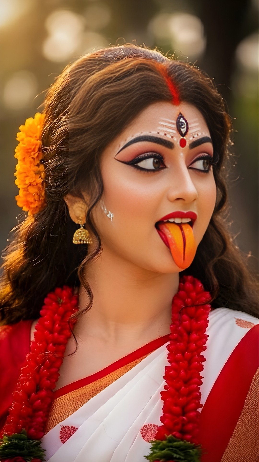 Divine Kali Look with Vibrant Makeup and Sacred Expression 4K Wallpaper for iPhone & Android