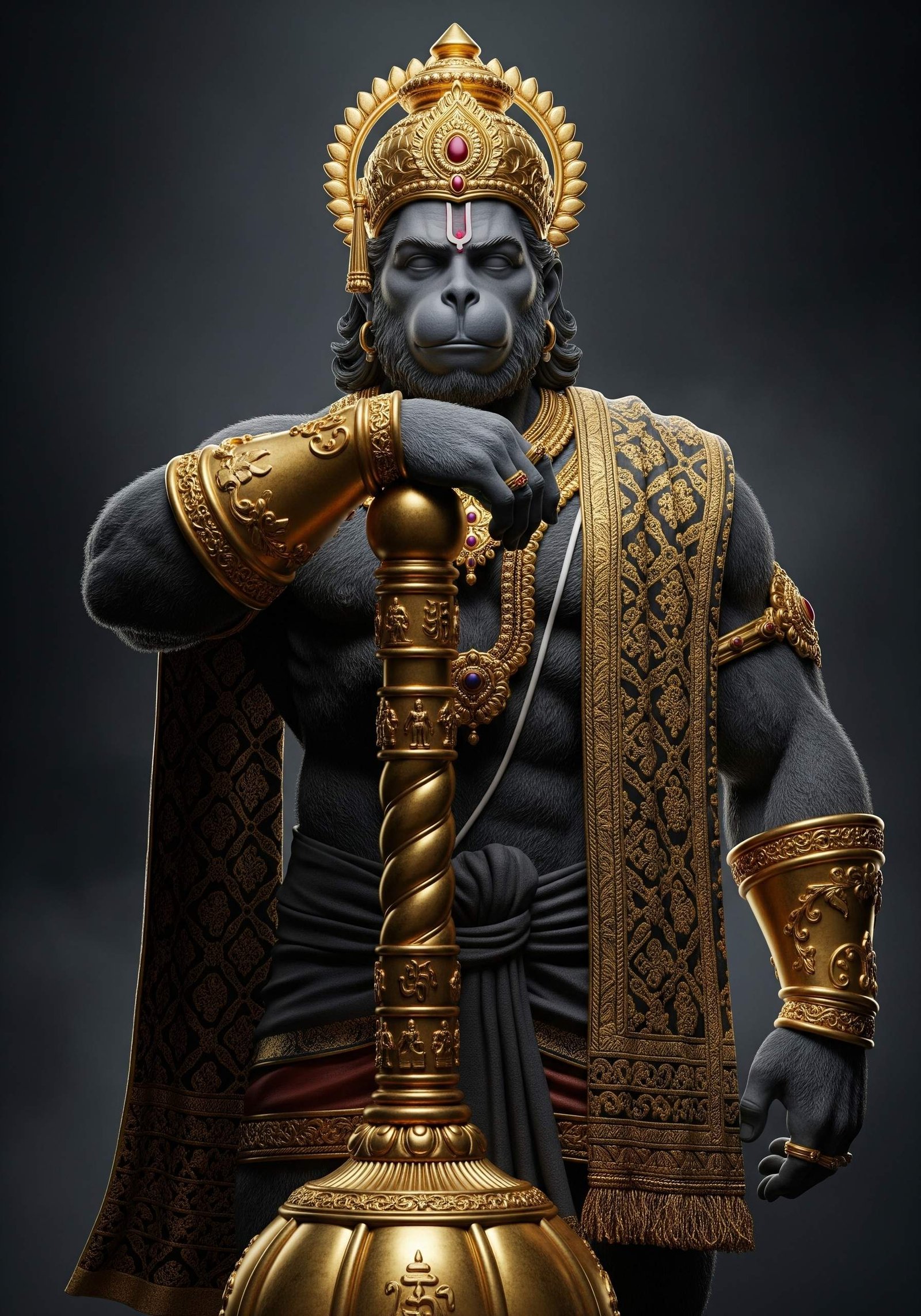 Golden Divine Hanuman Standing with Majestic Gada