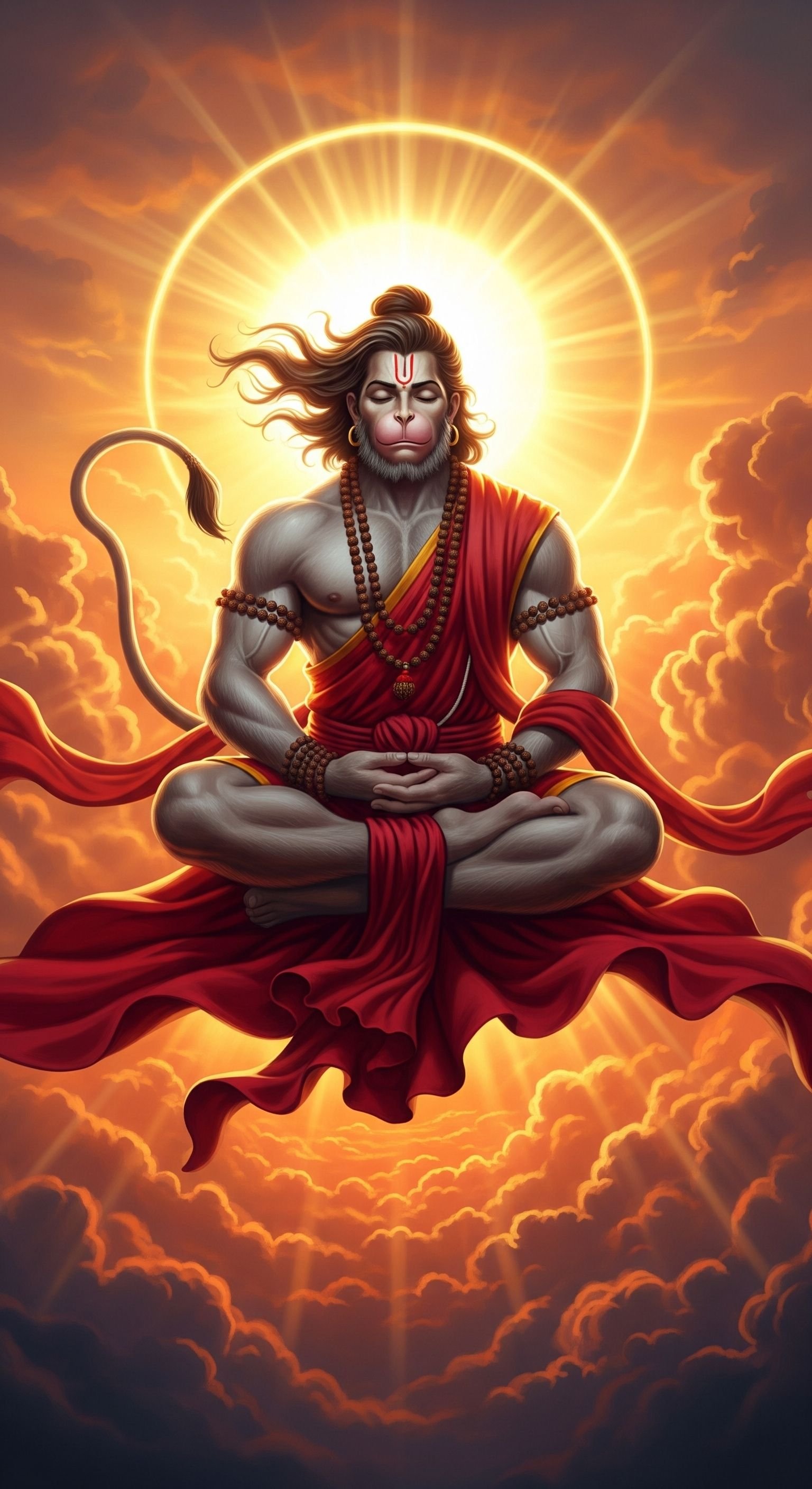 Divine Meditating Hanuman in Radiant Sunset Aura 4K Wallpaper for iPhone & Android