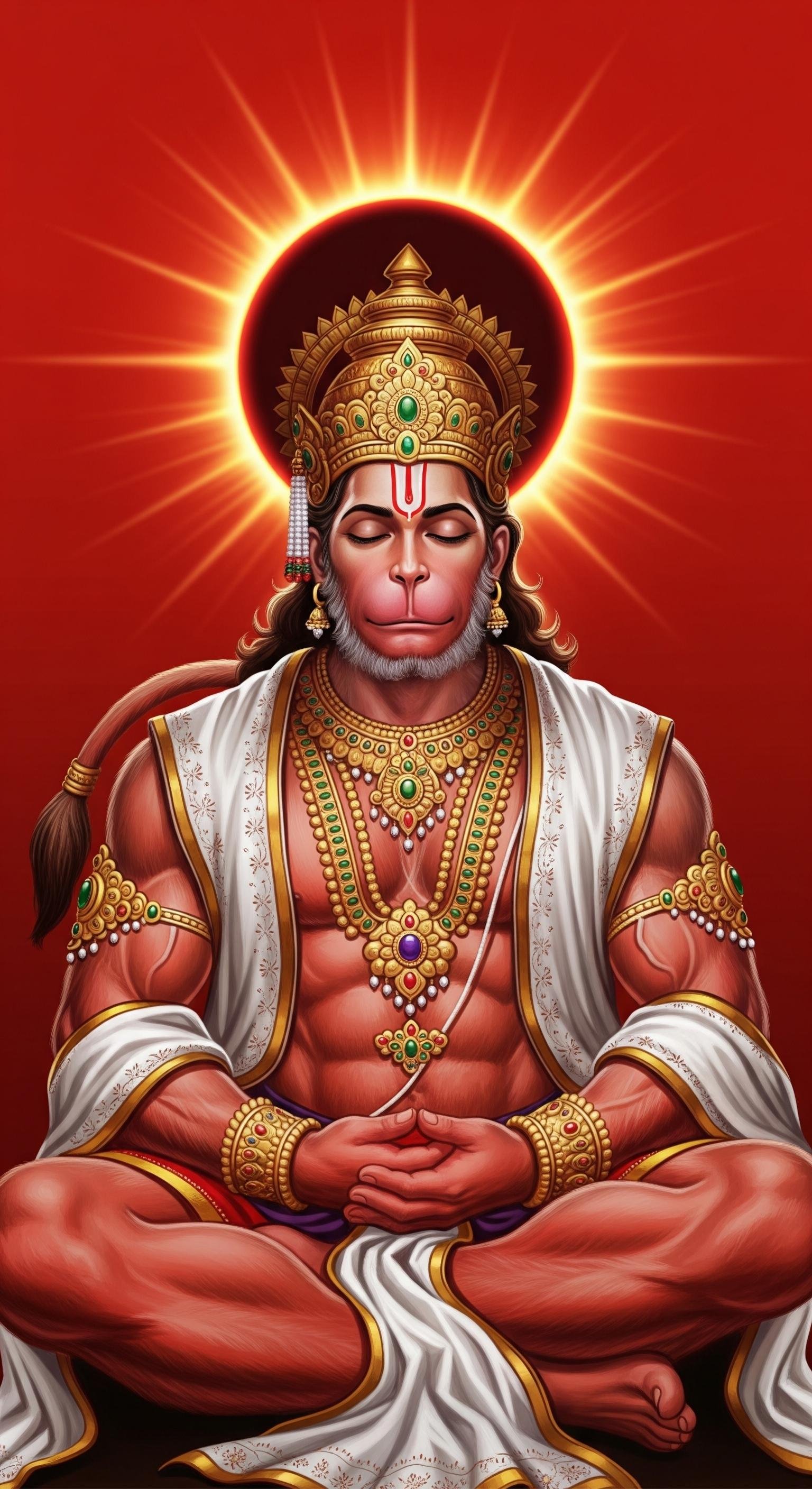 Divine Meditating Hanuman Ji with Radiant Golden Aura 4K Wallpaper for iPhone & Android