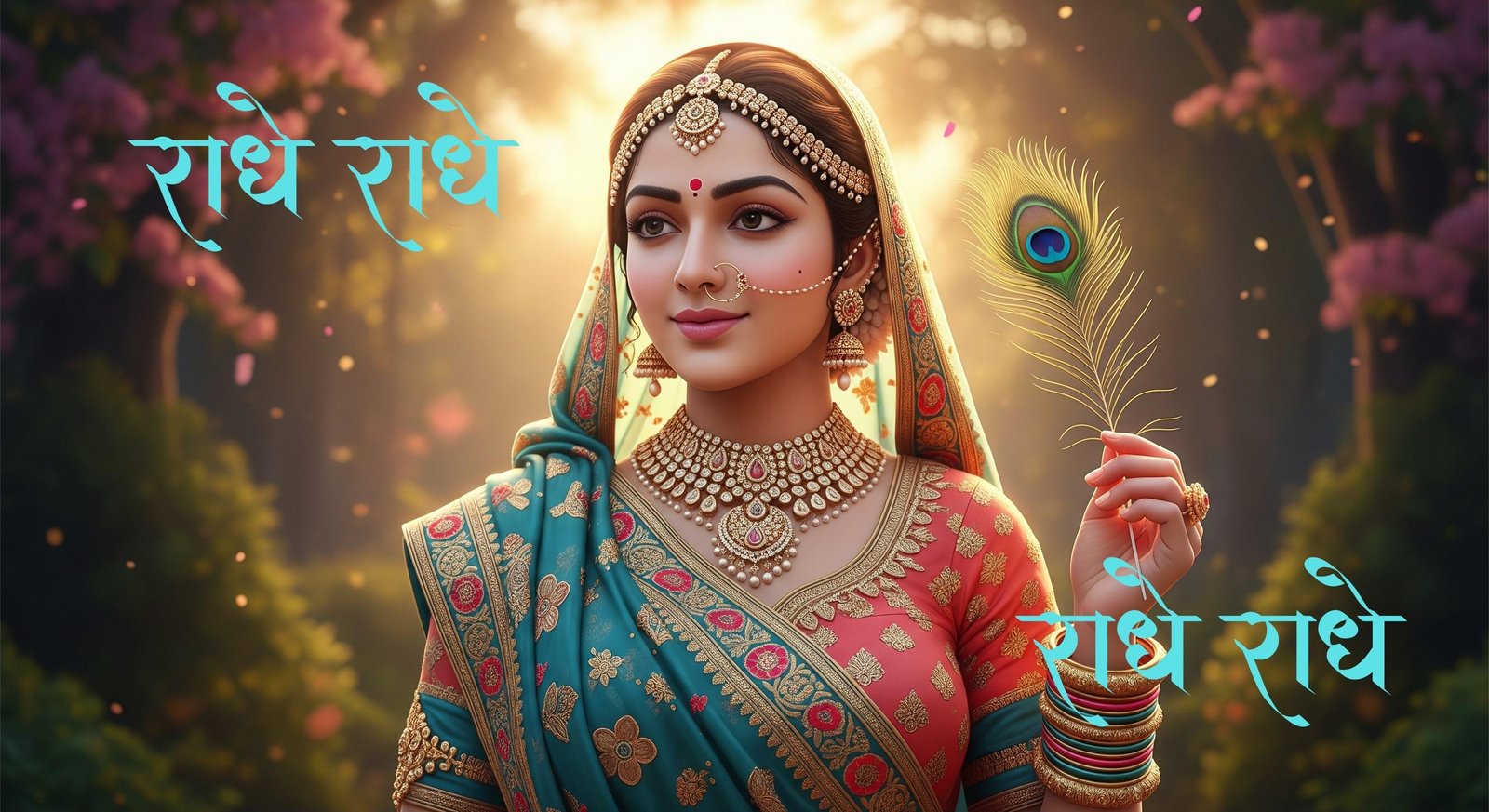 Divine Radha Rani Holding Peacock Feather – Graceful Portrait Art