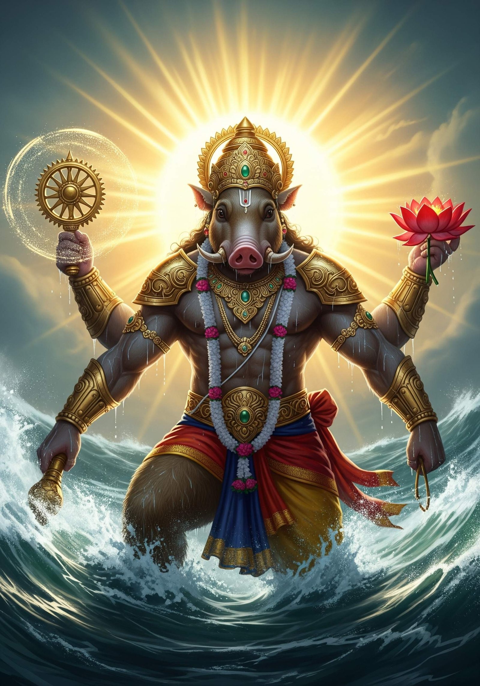 Divine Varaha Avatar Rising from the Cosmic Waters 4K Wallpaper for iPhone & Android