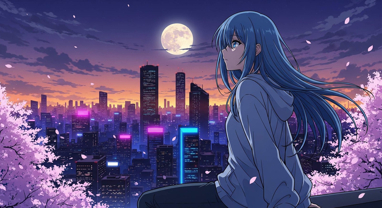 Moonlit City Dreams Anime Girl Wallpaper