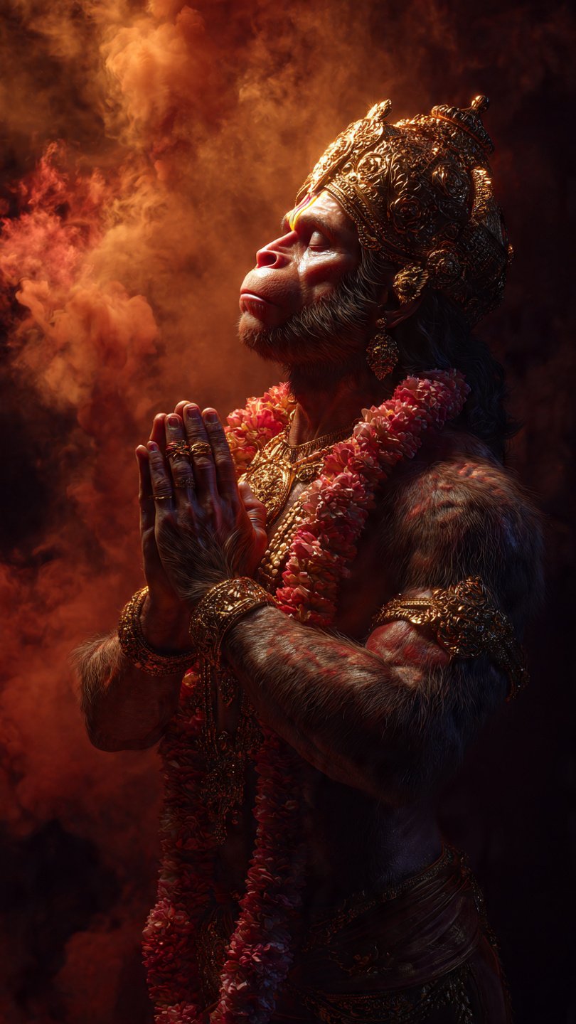 Lord Hanuman in Devotional Prarthana Pose 4K Wallpaper for iPhone & Android