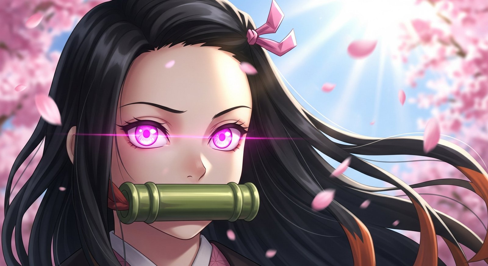 Nezuko Anime Portrait with Glowing Pink Eyes and Sakura Petals